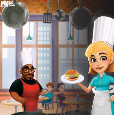 Fond d'écran du jeu vidéo My Universe Cooking Star. Une cuisinière, tiens une assiette avec un hamburger au premier plan. Derrière on voir un autre cuisinier et des clients attablés.