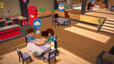 Capture d'écran du jeu vidéo My Universe Cooking Star. Un serveur est en train de déposer un plat sur la table de clients d'un restaurant.
