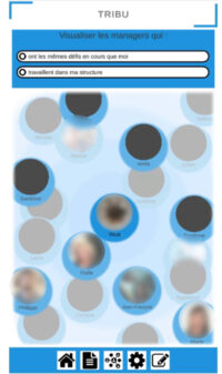 Capture d'écran de l'onglet Tribu de l'application Défi Manager. On voit des bulles représentant des utilisateurs et un système de filtres pour cibler les personnes à afficher.