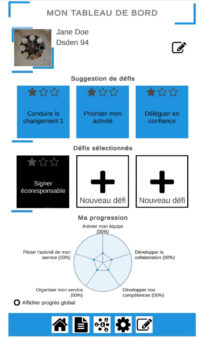 Capture d'écran du tableau de bord de l'application Défi Manager. On voit les défis sélectionnés et suggérés ainsi que les statistiques de progression.