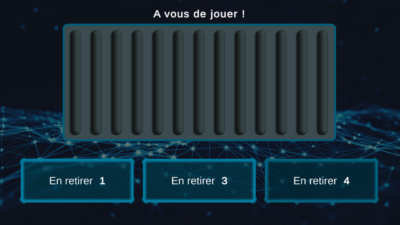Capture d'écran du mini jeu quick draw pour le serious game de la MMI sur l’intelligence artificielle. C'est au tour du joueur de choisir combien de bâtons enlever.