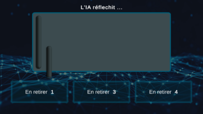 Capture d'écran du mini jeu de nim pour le serious game de la MMI sur l’intelligence artificielle. C'est au tour de l'IA d'enlever des bâtons.