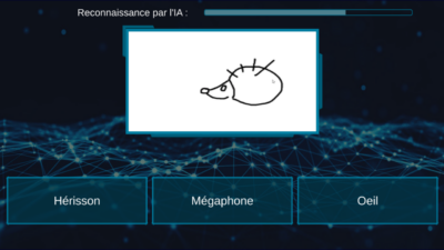 Capture d'écran du mini jeu quick draw pour le serious game de la MMI sur l’intelligence artificielle. La partie est en cours.