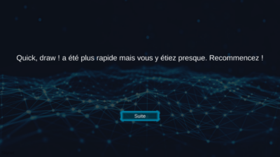 Capture d'écran du mini jeu quick draw pour le serious game de la MMI sur l’intelligence artificielle. La partie vient d'être perdue.