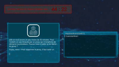 Capture d'écran de l'interface principale du serious game de la MMI sur l’intelligence artificielle. Il y a un compte à rebours, une fenêtre de dialogue avec une IA et une invite de commandes.