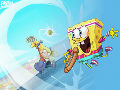 Fond d'écran du jeu vidéo Nickelodeon Extreme Tennis, montrant des personnages de dessin animés avec des raquettes.