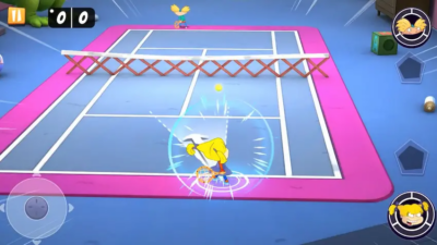 Capture d'écran d'une partie de tennis avec des personnages de dessin animés, dans le jeu vidéo Nickelodeon Extreme Tennis.