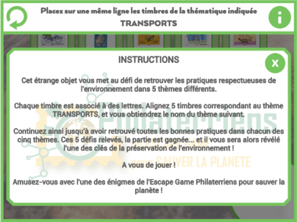 Ecran affichant les instructions du serious game numérique de l'Adphile.