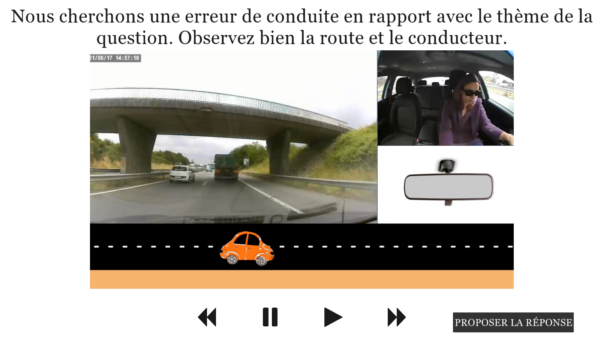 Ecran du serious game de sécurité routière de Pro In Sec. On voit une vidéo avec la consigne de chercher une erreur de conduite.