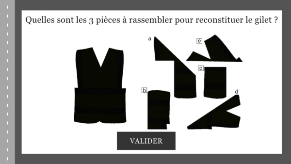 Ecran du serious game de sécurité routière de Pro In Sec. On voit un mini jeu consistant à trouver 3 morceaux d'un gilet de sécurité en ombre chinoise.