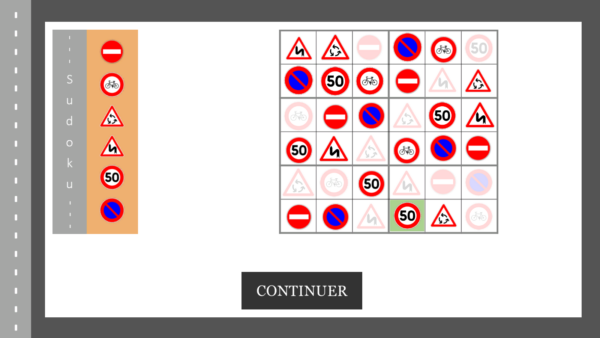 Ecran du serious game de sécurité routière de Pro In Sec. On voit un mini jeu de sudoku avec des panneaux de signalisation à la place des chiffres.
