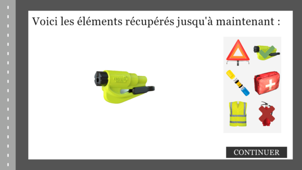 Ecran du serious game de sécurité routière de Pro In Sec. On voit des équipements de sécurité récupérés au cours de la partie.