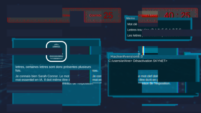 Capture d'écran de l'interface principale du serious game de la MMI sur l’intelligence artificielle. Il y a des bugs visuels sur la page, avec des décalages et des aberrations chromatiques.