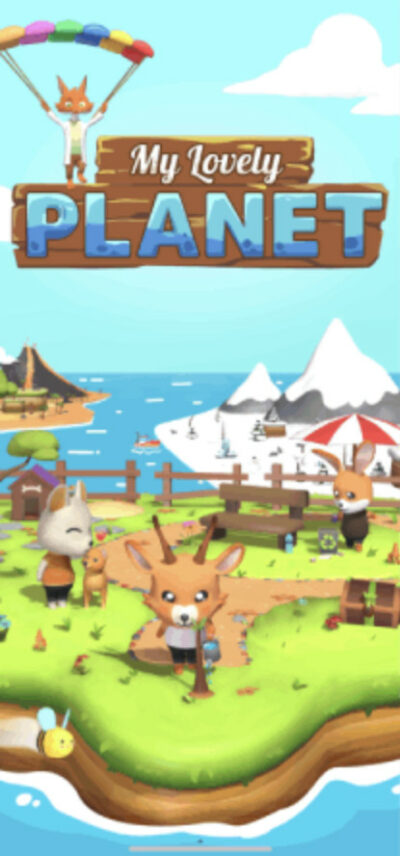 Capture de l'écran de démarrage du jeu vidéo mobile My Lovely Planet. On voit des personnages avec des têtes d'animaux qui s'occupent de l'entretient d'une petite île.