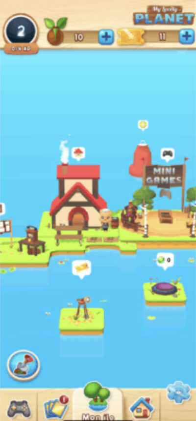 Capture d'écran du jeu vidéo mobile My Lovely Planet. On voit des petite îles avec des bâtiments interactifs.